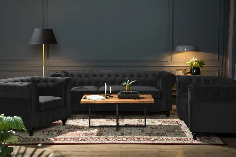 Chesterfield Lyx Sofagruppe 2-pers+Lænestol Velour - Sort - Møbler - Sofaer - Sofagrupper - Chesterfield sofagruppe