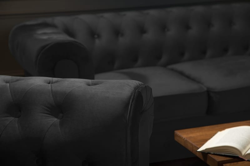 Chesterfield Lyx Sofagruppe 2-pers+Lænestol Velour - Sort - Møbler - Sofaer - Sofagrupper - Chesterfield sofagruppe