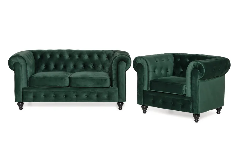 Chesterfield Lyx Sofagruppe 2-pers+Lænestol Velour, Mørkegrøn