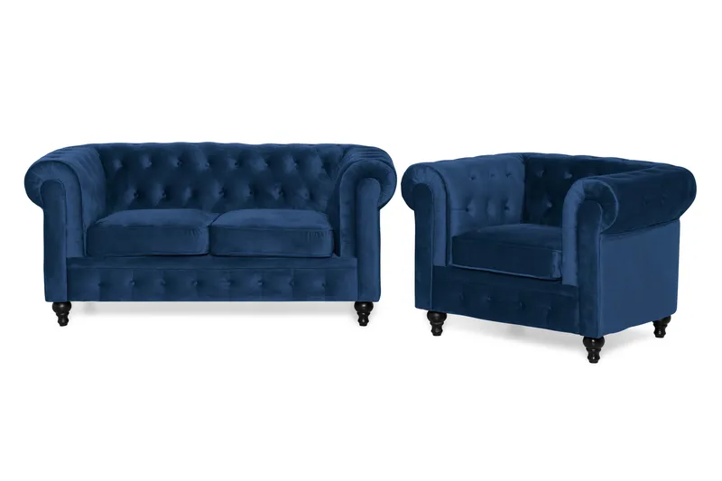 Chesterfield Lyx Sofagruppe 2-personers+Lænestol Velour, Blå