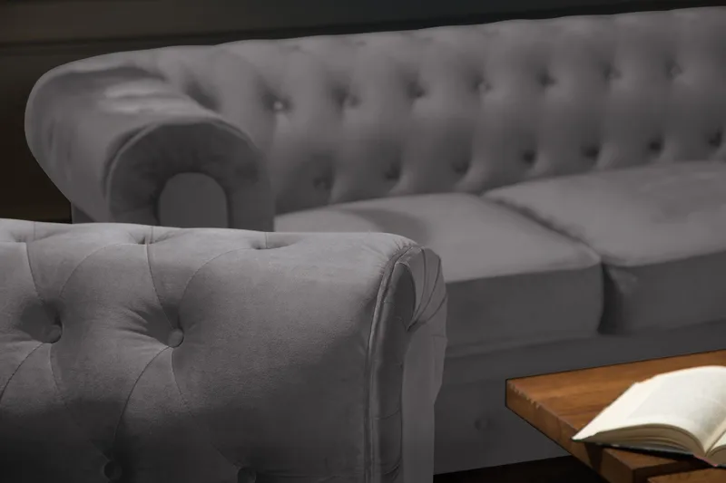 Chesterfield Lyx Sofagruppe 2-pers+Lænestol Velour - Mørkegrå - Møbler - Sofaer - Sofagrupper - Chesterfield sofagruppe