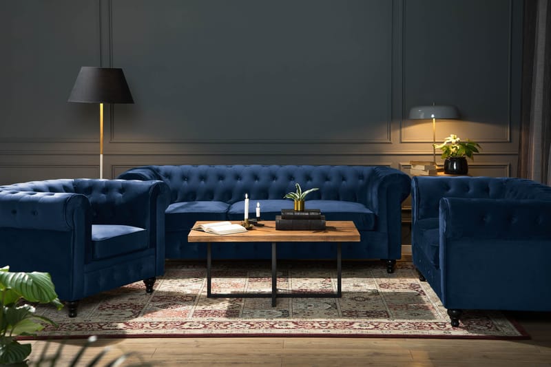Chesterfield Lyx Sofagruppe 2-personers+Lænestol Velour - Blå - Møbler - Sofaer - Sofagrupper - Chesterfield sofagruppe