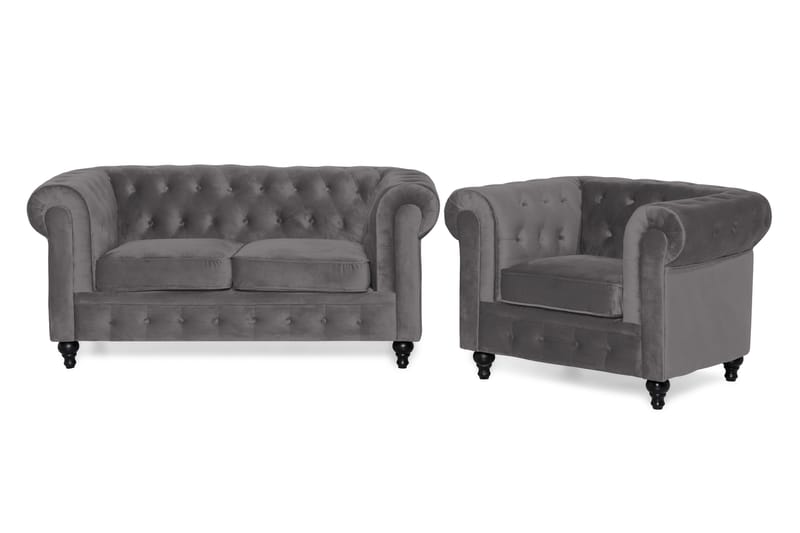 Chesterfield Lyx Sofagruppe 2-pers+Lænestol Velour - Mørkegrå - Chesterfield sofagruppe