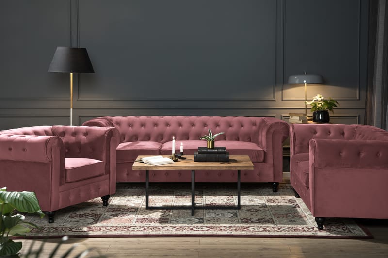 Chesterfield Lyx Sofagruppe 2-pers+Lænestol Velour - Rustlyserød - Møbler - Sofaer - Sofagrupper - Chesterfield sofagruppe