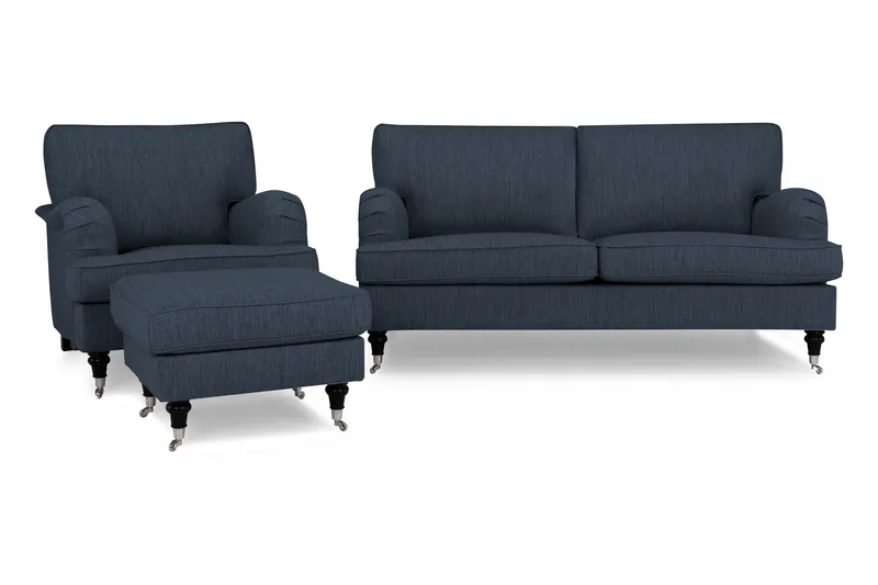 Howard Classic Sofagruppe 2-personers Sofa + Lænestol + Fodskammel i Stof, Blå