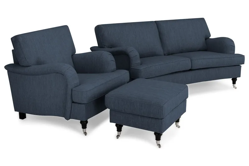 Howard Classic Sofagruppe 2-personers Buet Sofa + Lænestol + Fodskammel i Stof - Blå - Møbler - Sofaer - Sofagrupper - Chesterfield sofagruppe