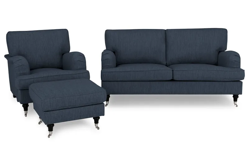 Howard Classic Sofagruppe 2-personers Sofa + Lænestol + Fodskammel i Stof - Blå - Møbler - Sofaer - Sofagrupper - Chesterfield sofagruppe