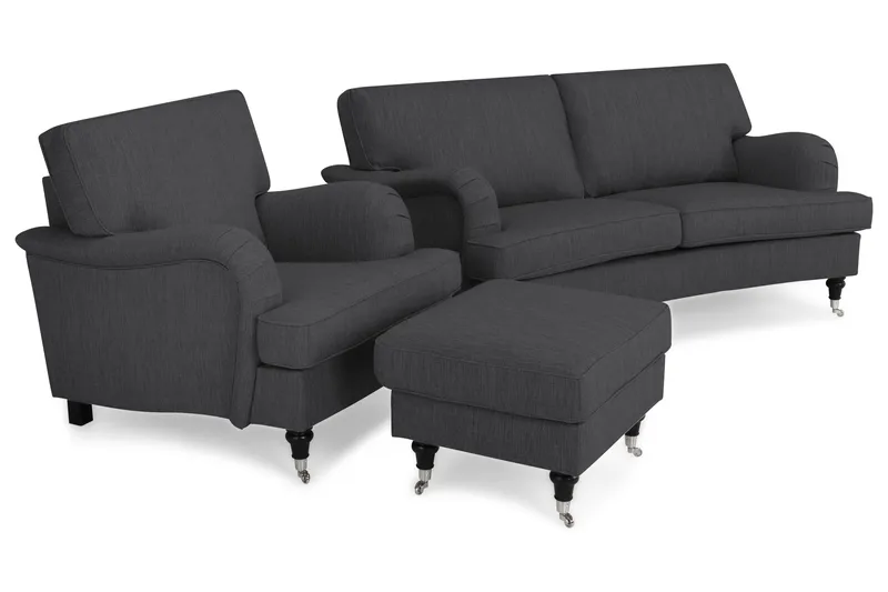 Howard Classic Sofagruppe 2-personers Svunget Sofa + Lænestol + Fodskammel i Stof - Mørkegrå - Møbler - Sofaer - Sofagrupper - Chesterfield sofagruppe