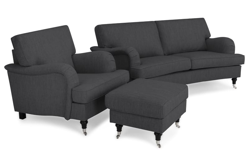 Howard Classic Sofagruppe 2-personers Svunget Sofa + Lænestol + Fodskammel i Stof - Mørkegrå - Møbler - Sofaer - Sofagrupper - Chesterfield sofagruppe