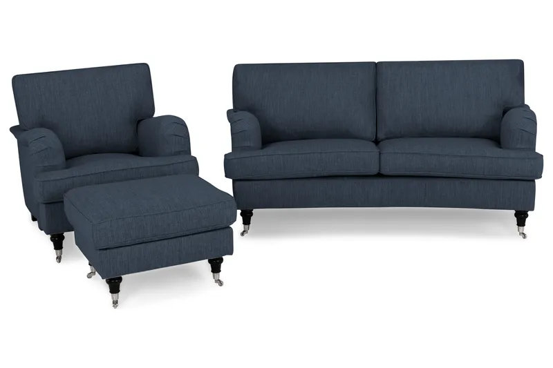 Howard Classic Sofagruppe 2-personers Buet Sofa + Lænestol + Fodskammel i Stof - Blå - Møbler - Sofaer - Sofagrupper - Chesterfield sofagruppe