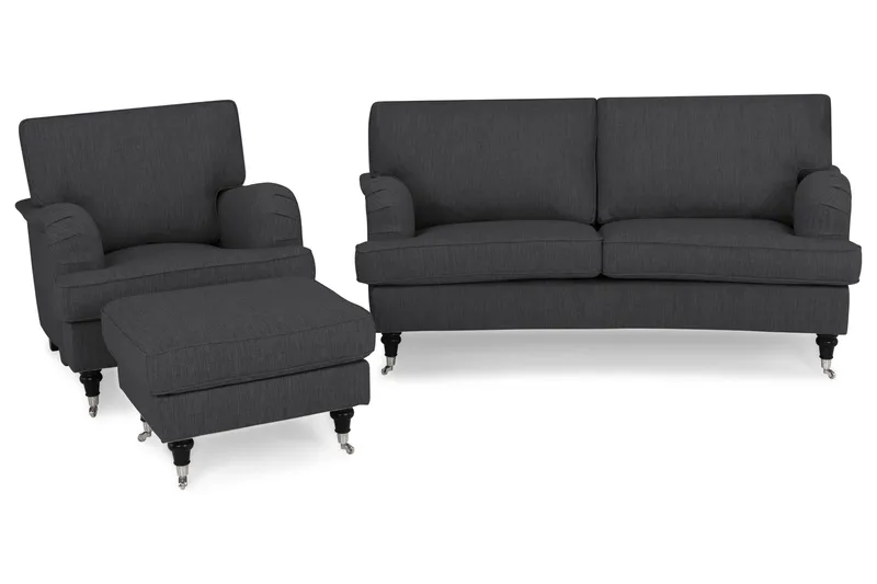 Howard Classic Sofagruppe 2-personers Svunget Sofa + Lænestol + Fodskammel i Stof - Mørkegrå - Møbler - Sofaer - Sofagrupper - Chesterfield sofagruppe