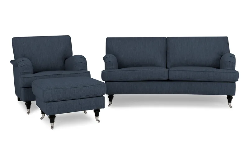 Howard Classic Sofagruppe 2-personers Buet Sofa + Lænestol + Fodskammel i Stof, Blå