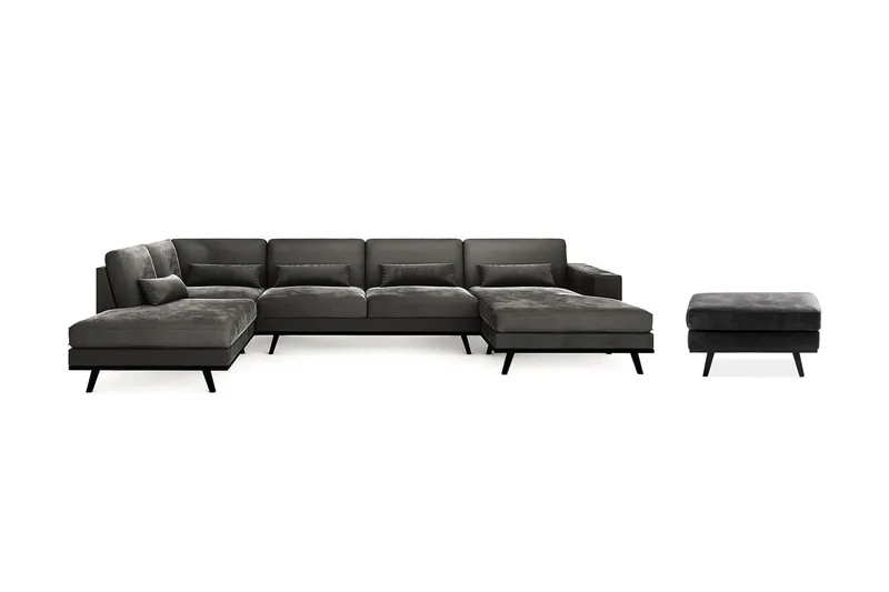Copenhagen 5-personers Venstrevendt U-formet Sofa med Chaiselong og Fodskammel i Fløjl, Mørkegrå