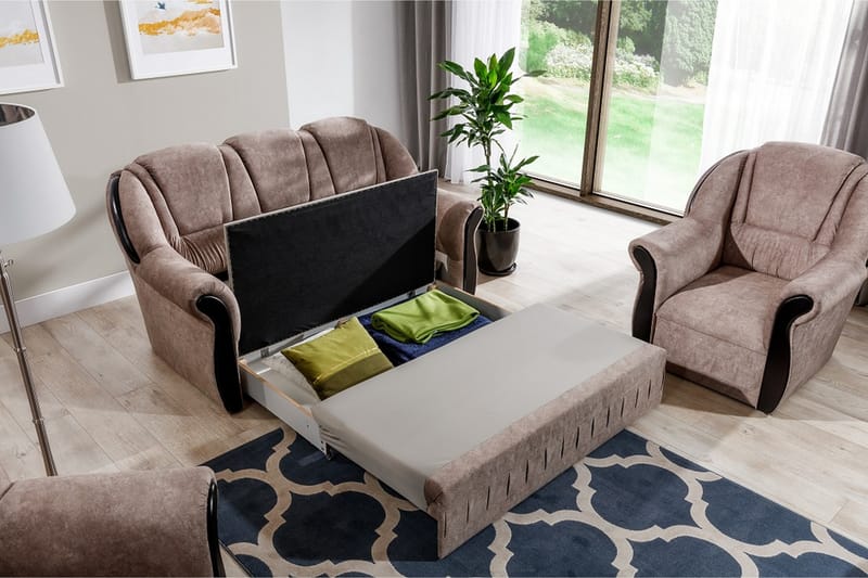 Fica Sofagruppe Sovesofa + 2 Lænestole - Læder/Lysebrun - Møbler - Sofaer - Sofagrupper