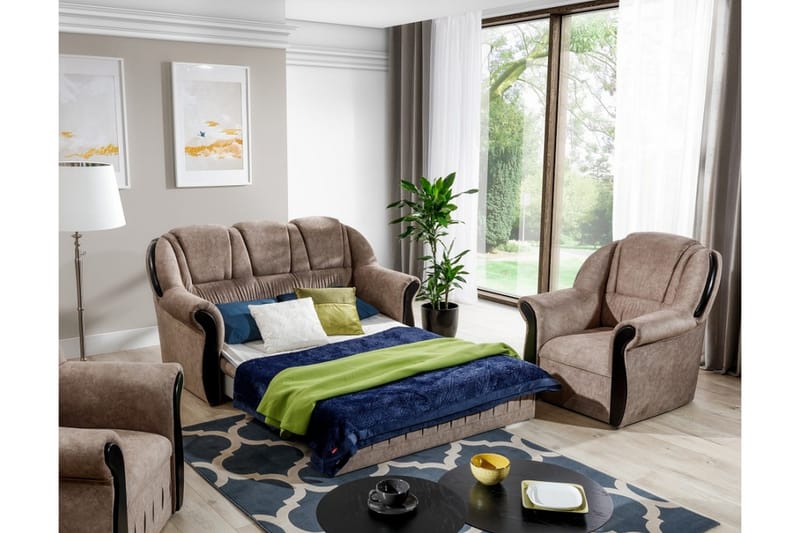 Fica Sofagruppe Sovesofa + 2 Lænestole - Læder/Lysebrun - Møbler - Sofaer - Sofagrupper