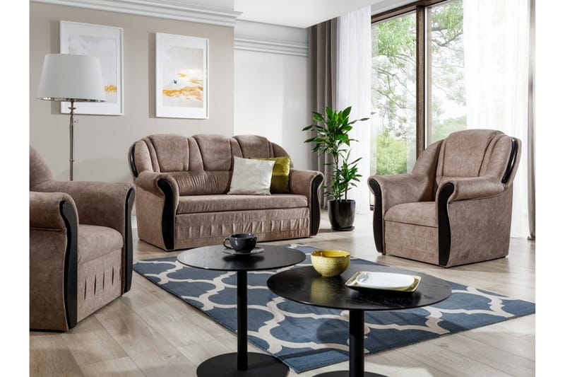 Fica Sofagruppe Sovesofa + 2 Lænestole - Læder/Lysebrun - Møbler - Sofaer - Sofagrupper