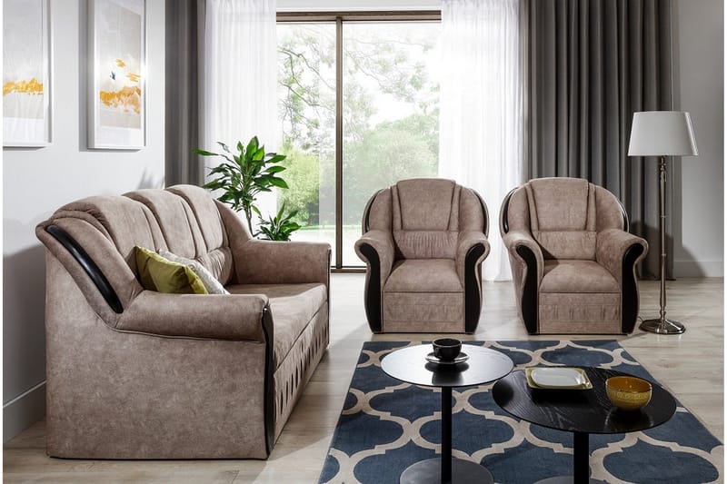 Fica Sofagruppe Sovesofa + 2 Lænestole - Læder/Lysebrun - Møbler - Sofaer - Sofagrupper