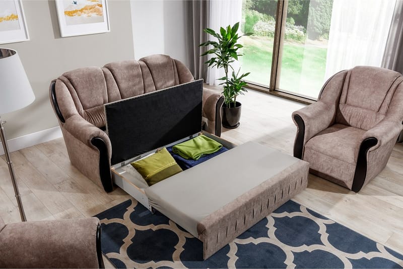 Fica Sofagruppe Sovesofa + 2 Lænestole - Læder/Lysebrun - Møbler - Sofaer - Sofagrupper
