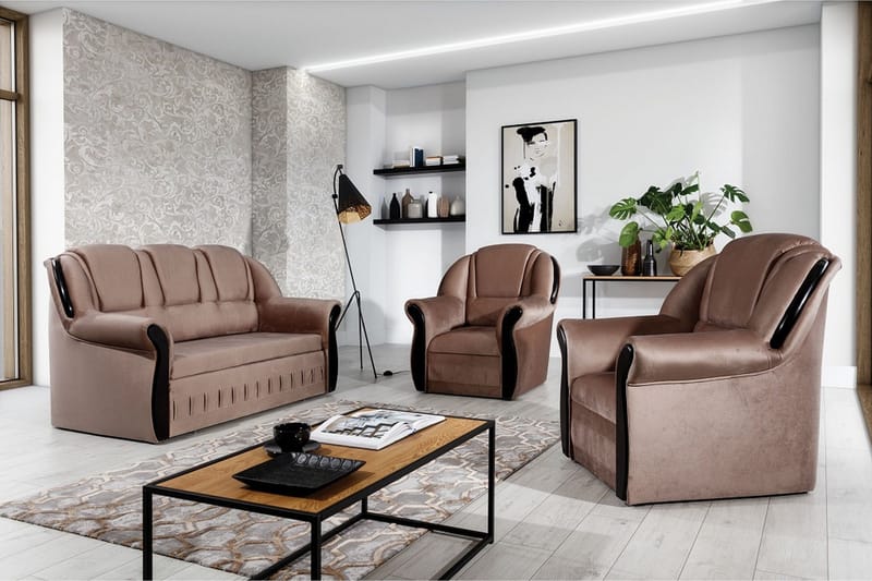 Fica Sofagruppe Sovesofa + 2 Lænestole, Læder/Lysebrun