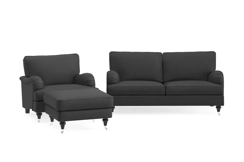 Howard Classic Sofagruppe 2-personers Sofa + Lænestol + Fodskammel i Stof, Mørkegrå