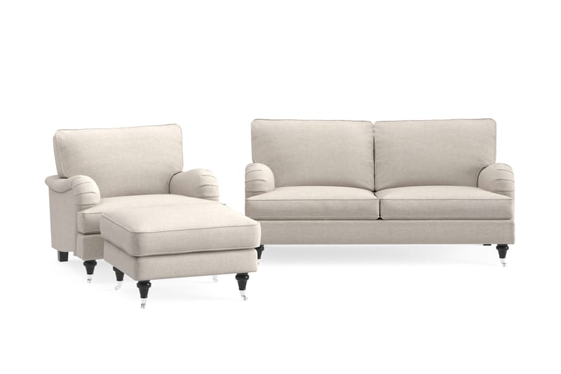 Howard Classic Sofagruppe 2-personers Sofa + Lænestol + Fodskammel i Stof, Beige