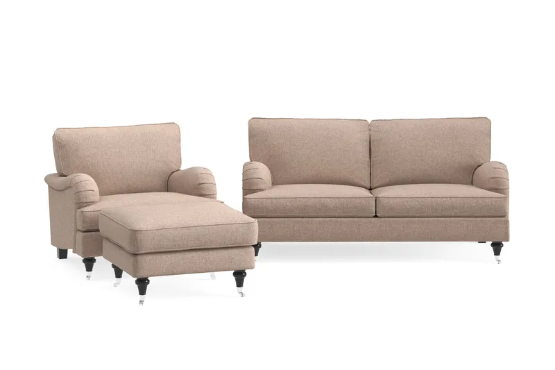Howard Classic Sofagruppe 2-personers Sofa + Lænestol + Fodskammel i Stof, Mørkebege