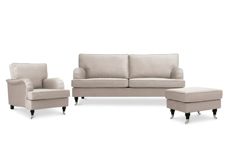 Howard Classic sofagruppe 3-personers sofa og lænestol samt fodskammel i fløjl, Beige