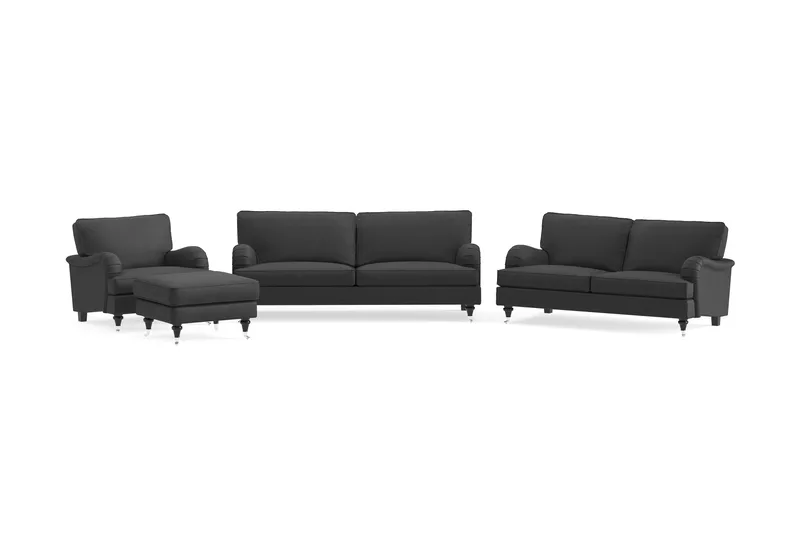 Howard Classic Sofagruppe 3-personers + 2-personers Sofa + Lænestol + Fodskammel i Stof, Mørkegrå