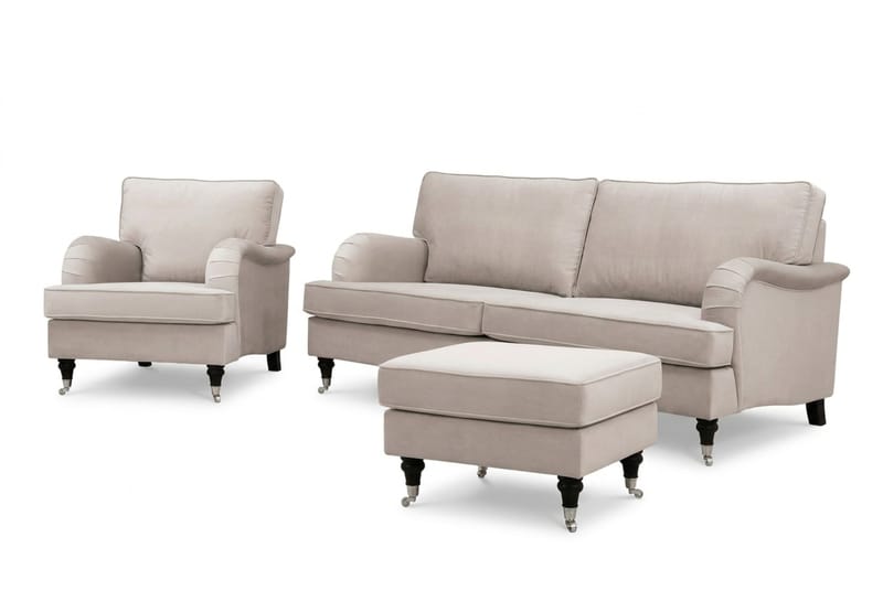 Howard Classic sofagruppe 3-personers sofa og lænestol samt fodskammel i fløjl - Beige - Møbler - Sofaer - Sofagrupper - Howard sofagruppe