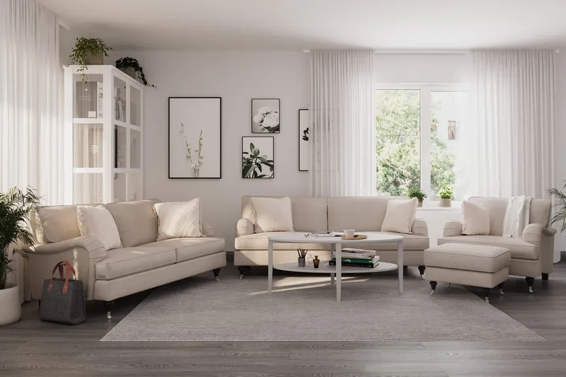 Howard Classic Sofagruppe 3-personers + 2-personers Sofa + Lænestol + Fodskammel i Stof - Beige - Møbler - Sofaer - Sofagrupper - Howard sofagruppe