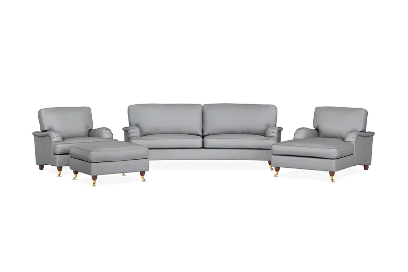 Howard Lyx Sofagruppe 3-personers Svunget Sofa + Chaiselongstol + Lænestol + Fodskammel i Stof, Lysegrå