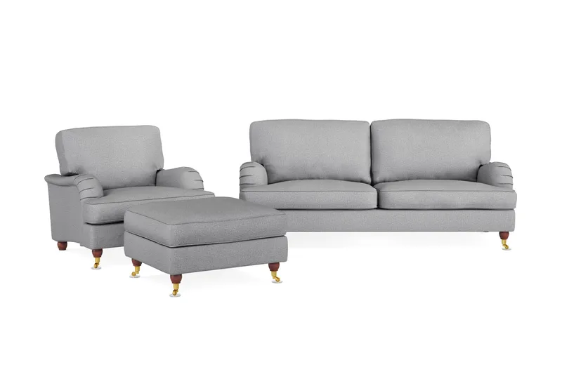 Howard Lyx Sofagruppe 3-personers Sofa + Lænestol + Fodskammel i Stof, Lysegrå
