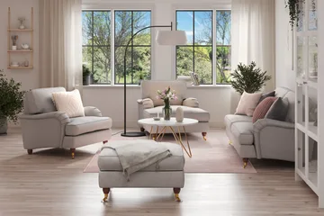 Howard Lyx Sofagruppe 3-personers Sofa + Chaiselongstol + Lænestol + Fodskammel i Stof - Lysegrå - Møbler - Sofaer - Sofagrupper - Howard sofagruppe