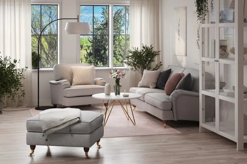 Howard Lyx Sofagruppe 3-personers Sofa + Lænestol + Fodskammel i Stof - Lysegrå - Møbler - Sofaer - Sofagrupper - Howard sofagruppe