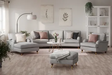 Howard Lyx Sofagruppe 4-personers Svunget Sofa + Chaiselongstol + Lænestol + Fodskammel i Stof - Lysegrå - Møbler - Sofaer - Sofagrupper - Howard sofagruppe