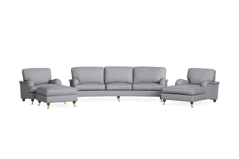 Howard Lyx Sofagruppe 4-personers Svunget Sofa + Chaiselongstol + Lænestol + Fodskammel i Stof, Lysegrå