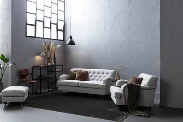 Howard Riviera Sofaarrangement Buet 3-personers + 2-personers Sofa + Lænestol + Fodskammel i Stof - Grå - Møbler - Sofaer - Sofagrupper - Howard sofagruppe