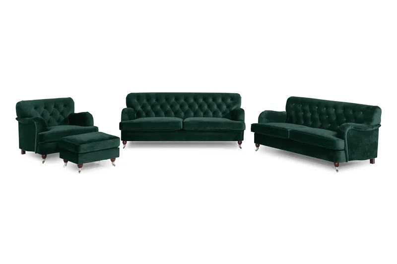 Howard Riviera Sofagruppe 3-personers + 2-personers Sofa + Lænestol + Fodskammel i Fløjl, Grøn