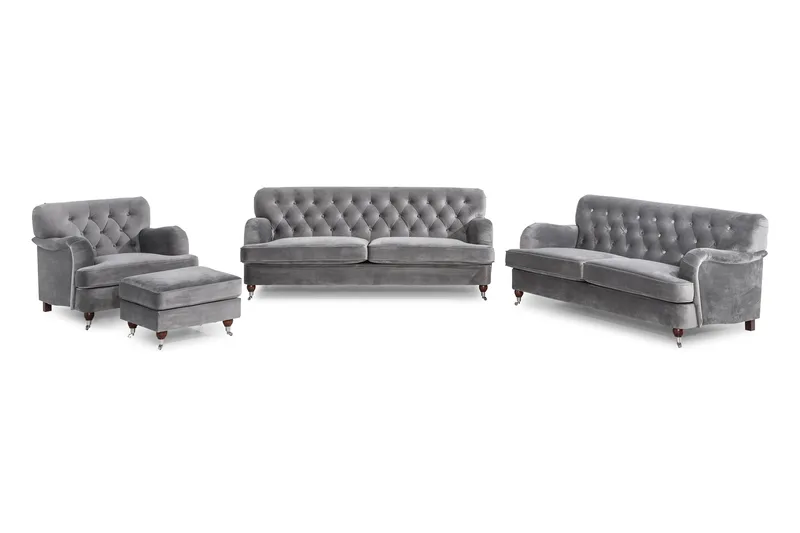 Howard Riviera Sofagruppe 3-personers + 2-personers Sofa + Lænestol + Fodskammel i Fløjl, Lysegrå