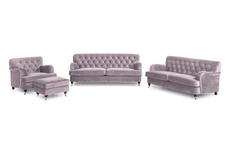 Howard Riviera Sofagruppe 3-personers + 2-personers Sofa + L ænestol + Fodskammel i Fløjl, Lilla