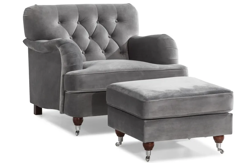 Howard Riviera Sofagruppe 3-personers + 2-personers Sofa + Lænestol + Fodskammel i Fløjl - Lysegrå - Møbler - Sofaer - Sofagrupper - Howard sofagruppe