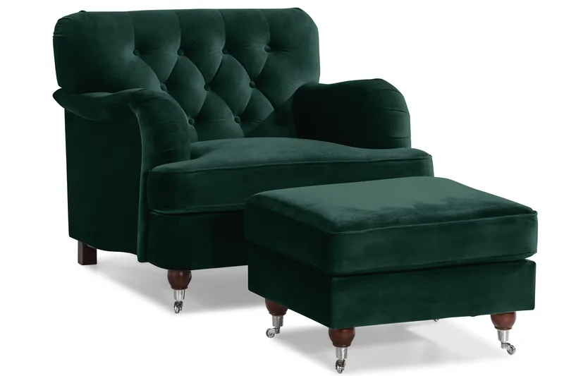Howard Riviera Sofagruppe 3-personers + 2-personers Sofa + Lænestol + Fodskammel i Fløjl - Grøn - Møbler - Sofaer - Sofagrupper - Howard sofagruppe