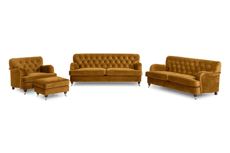 Howard Riviera Sofagruppe 3-personers + 2-personers Sofa + Lænestol + Fodskammel i Fløjl, Mørkegul
