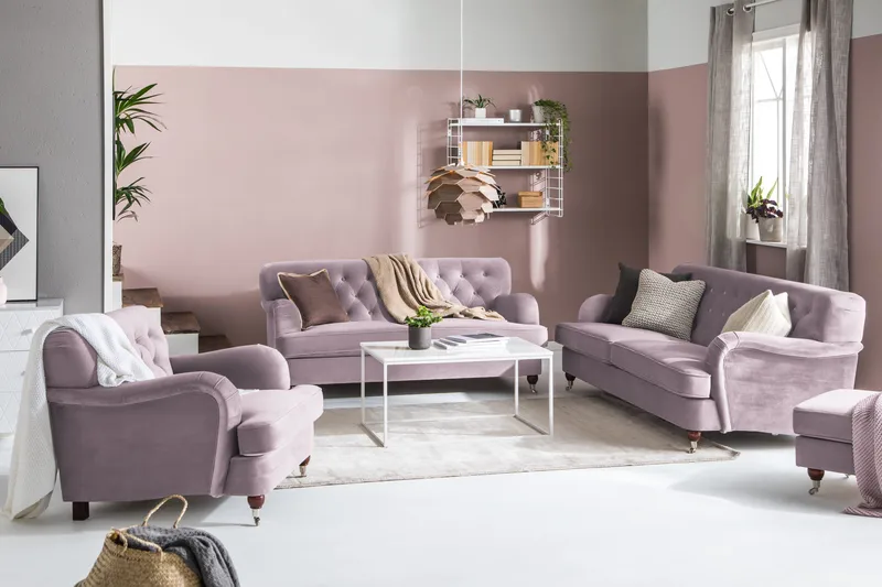 Howard Riviera Sofagruppe 3-personers + 2-personers Sofa + Lænestol + Fodskammel i Fløjl - Lilla - Møbler - Sofaer - Sofagrupper - Howard sofagruppe