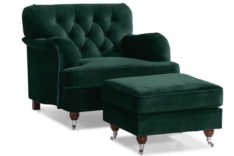 Howard Riviera Sofagruppe Svunget 3-personers + 2-personers Sofa + Lænestol + Fodskammel i Fløjl - Grøn - Møbler - Sofaer - Sofagrupper - Howard sofagruppe
