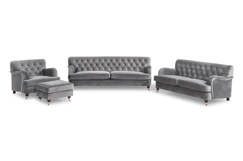 Howard Riviera Sofagruppe Svunget 3-personers + 2-personers Sofa + Lænestol + Fodskammel i Fløjl, Lysegrå