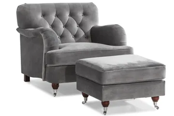 Howard Riviera Sofagruppe Svunget 3-personers + 2-personers Sofa + Lænestol + Fodskammel i Fløjl - Lysegrå - Møbler - Sofaer - Sofagrupper - Howard sofagruppe