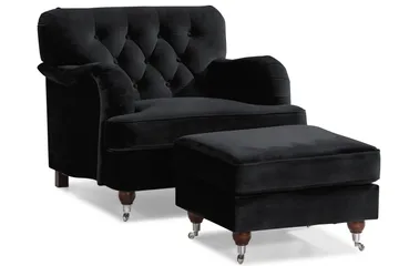 Howard Riviera Sofagruppe Svunget 3-personers + 2-personers Sofa + Lænestol + Fodskammel i Fløjl - Sort - Møbler - Sofaer - Sofagrupper - Howard sofagruppe