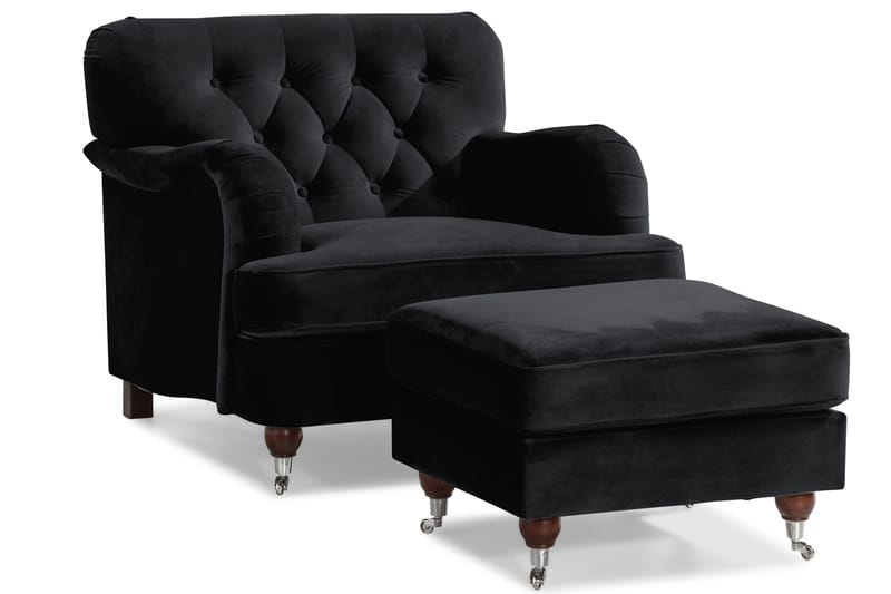 Howard Riviera Sofagruppe Svunget 3-personers + 2-personers Sofa + Lænestol + Fodskammel i Fløjl - Sort - Møbler - Sofaer - Sofagrupper - Howard sofagruppe