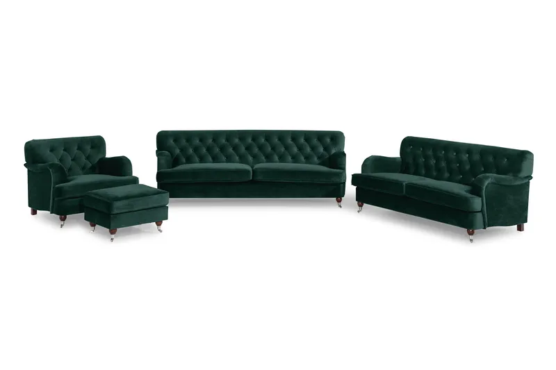 Howard Riviera Sofagruppe Svunget 3-personers + 2-personers Sofa + Lænestol + Fodskammel i Fløjl, Grøn